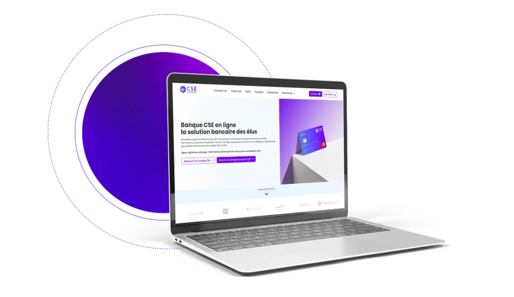 Laptop displaying a French online banking site on a purple gradient background with circular rings behind it.