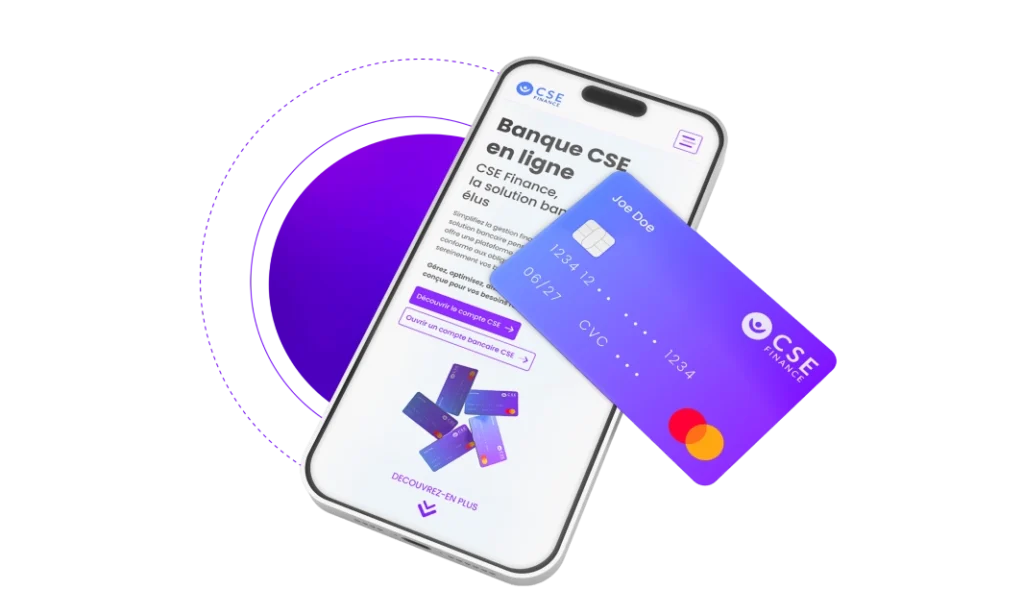 Promotional image of a smartphone displaying a CSE Finance online banking screen, with a purple CSE Mastercard card hovering over it.