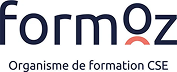 formoz logo: blue wordmark with an orange curved accent above the 'z' and the tagline 'Organisme de formation CSE'
